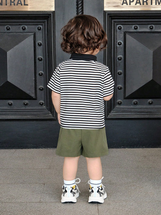 2pcs Baby Kids Short Sleeve Turndown Collar Snap Patch Top And Elastic Waist Shorts Set