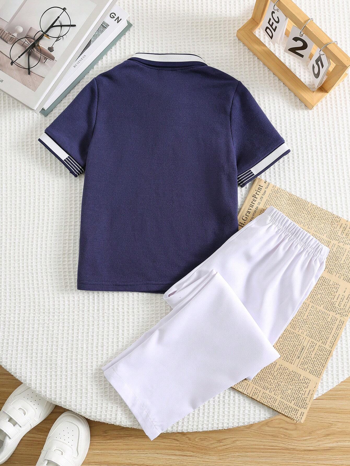Young Boys Casual Elegant Gentleman Collegiate Striped Detail Half-Button Polo Shirt And Elastic Waist Button White Trousers