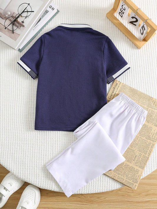 Young Boys Casual Elegant Gentleman Collegiate Striped Detail Half-Button Polo Shirt And Elastic Waist Button White Trousers
