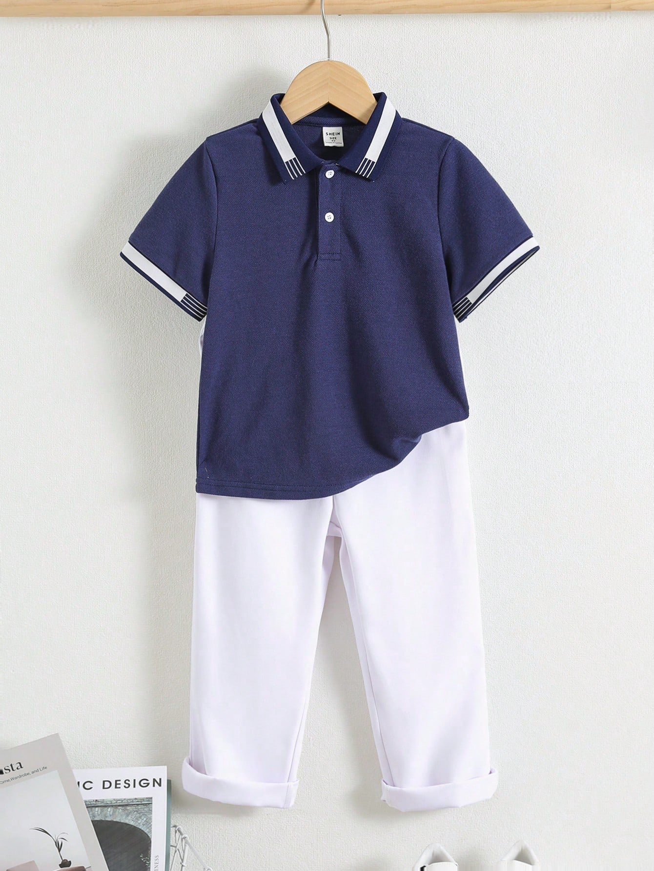 Young Boys Casual Elegant Gentleman Collegiate Striped Detail Half-Button Polo Shirt And Elastic Waist Button White Trousers
