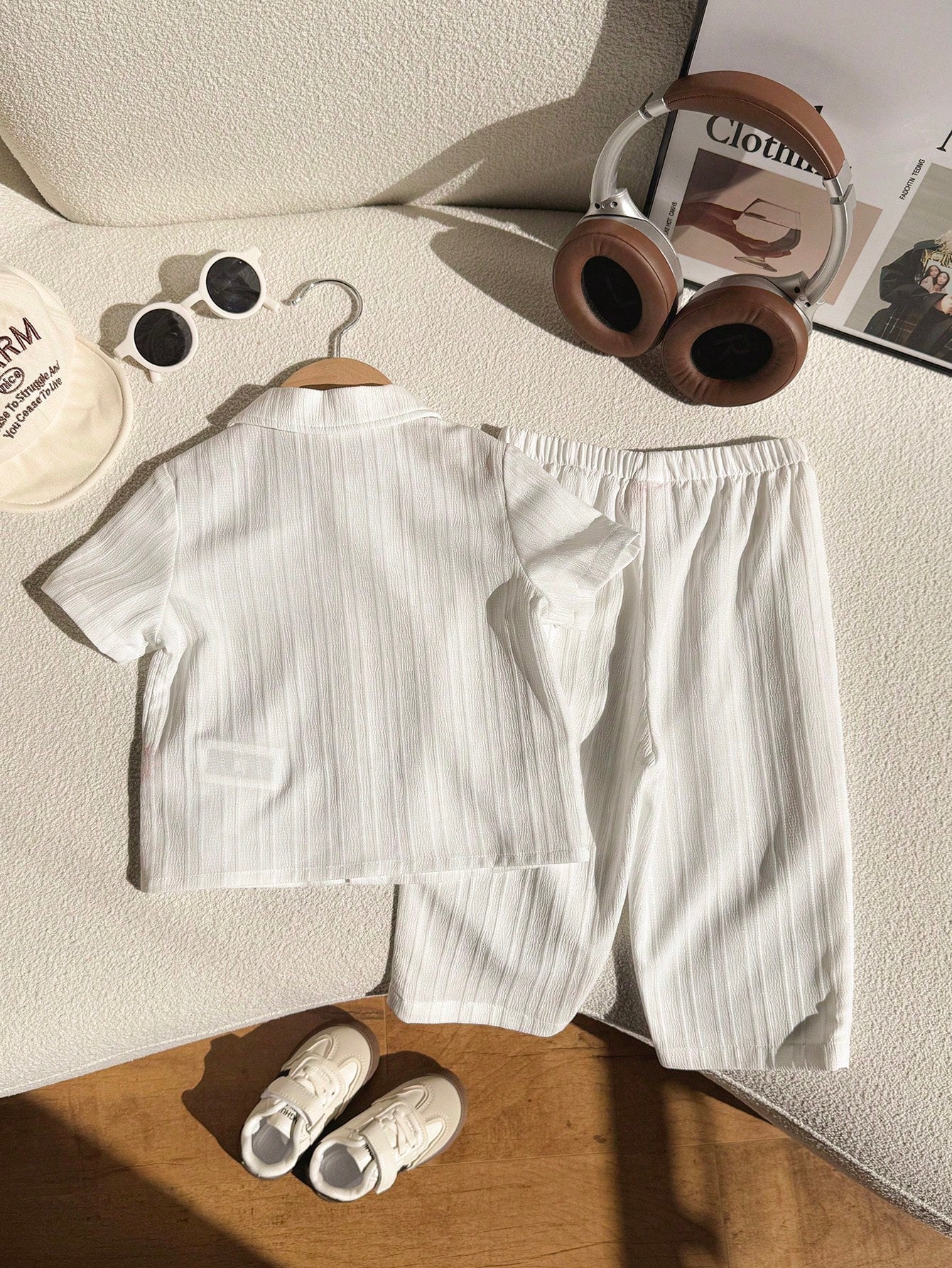 2pcs Set: Solid Color Textured Fabric Polo Collar Short Sleeve Top And Elastic Waist Long Pants