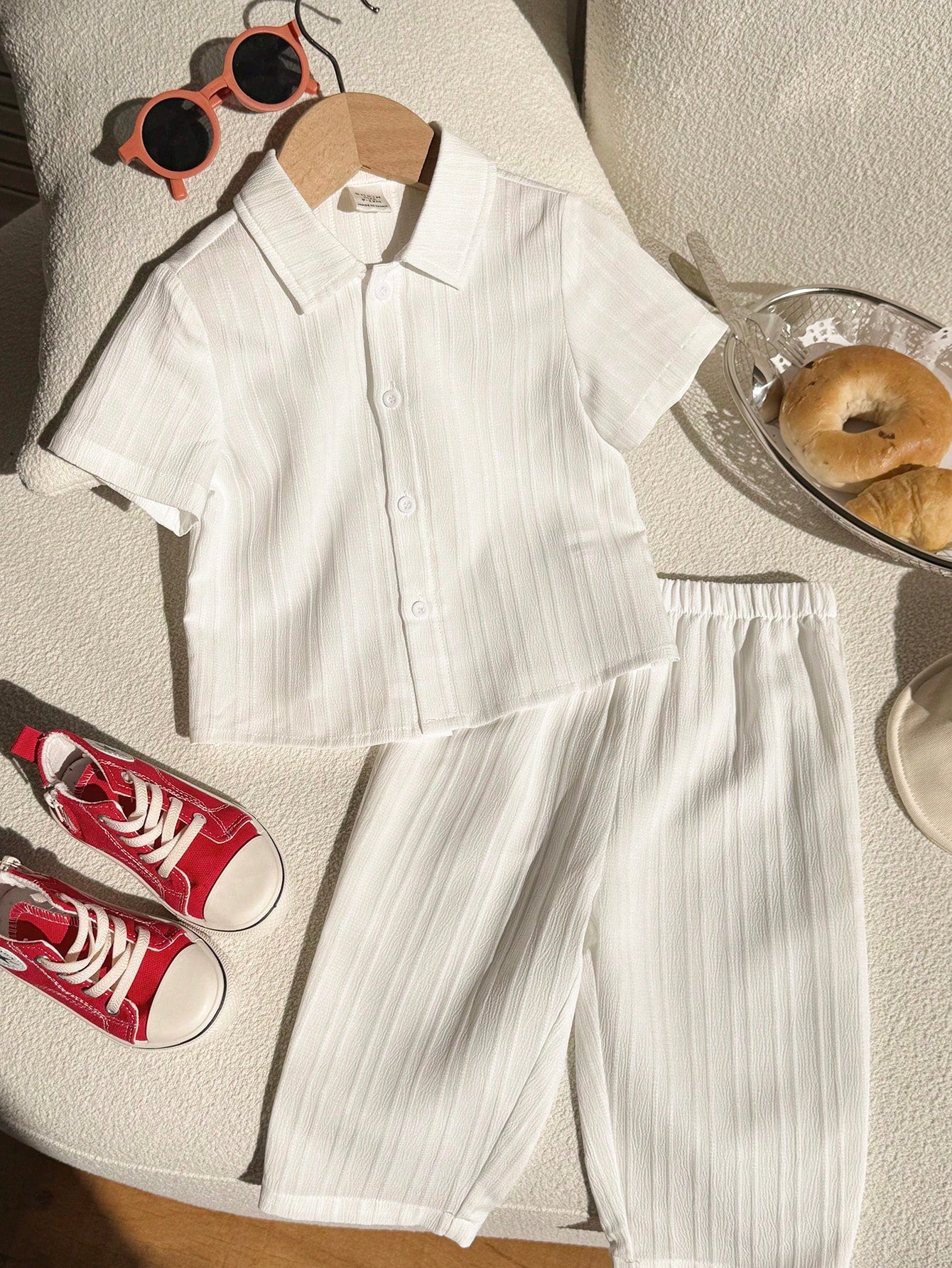 2pcs Set: Solid Color Textured Fabric Polo Collar Short Sleeve Top And Elastic Waist Long Pants