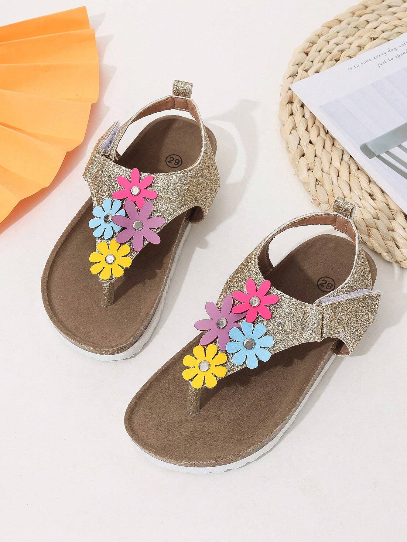 Kids' Fashionable Floral Decor Flip Flops Gold