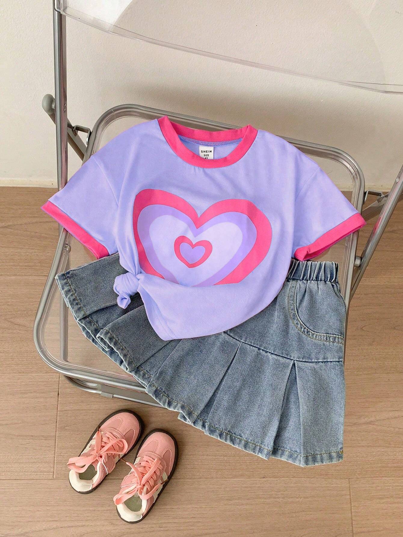 Knitted Colorblock Heart Print Short Sleeve Top And Grey-Blue Woven Denim Casual A-Line Skirt 2Pcs/Set Mauve Purple