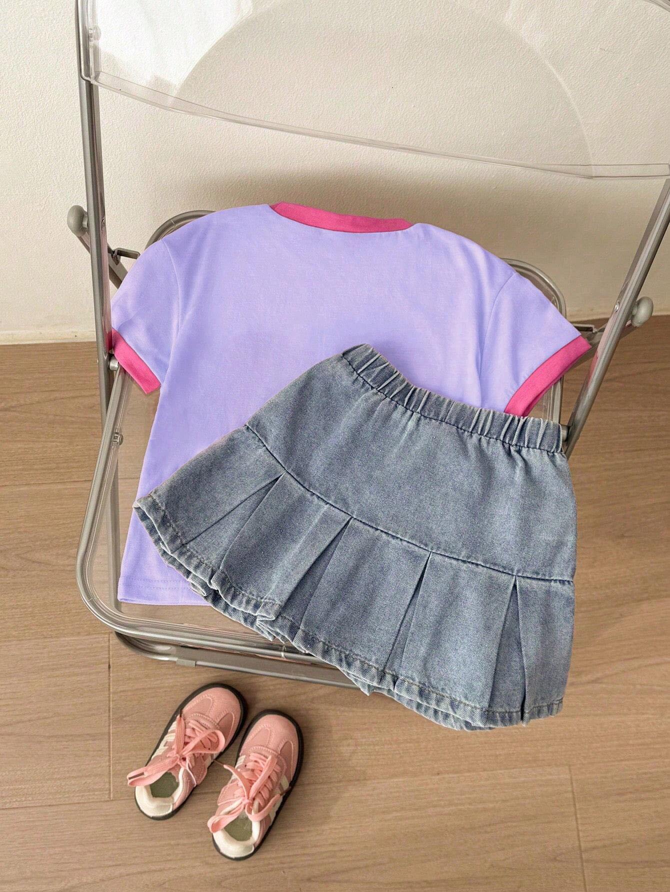 Knitted Colorblock Heart Print Short Sleeve Top And Grey-Blue Woven Denim Casual A-Line Skirt 2Pcs/Set