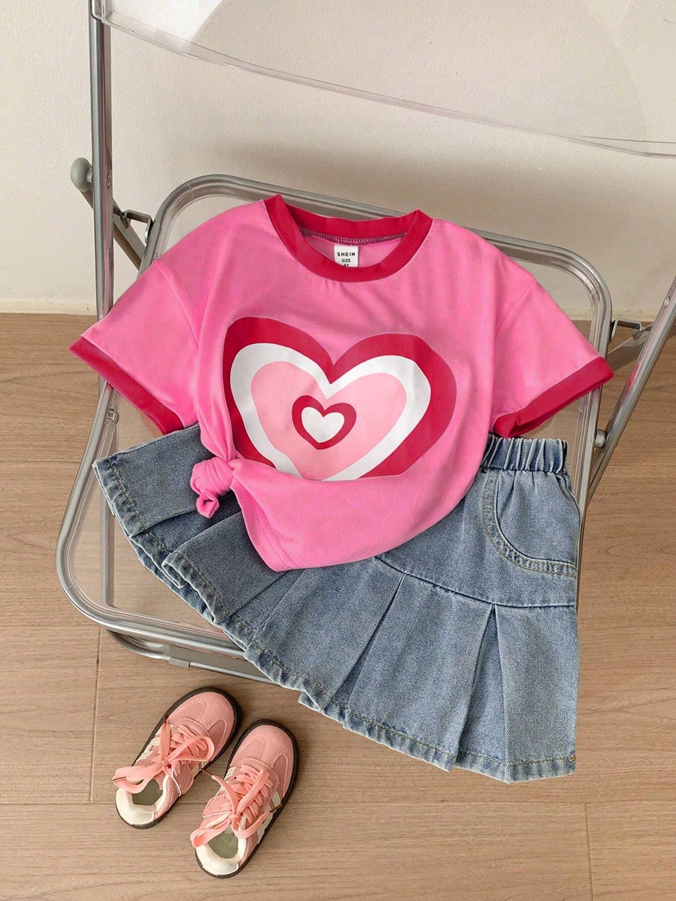 Knitted Colorblock Heart Print Short Sleeve Top And Grey-Blue Woven Denim Casual A-Line Skirt 2Pcs/Set Pink 2