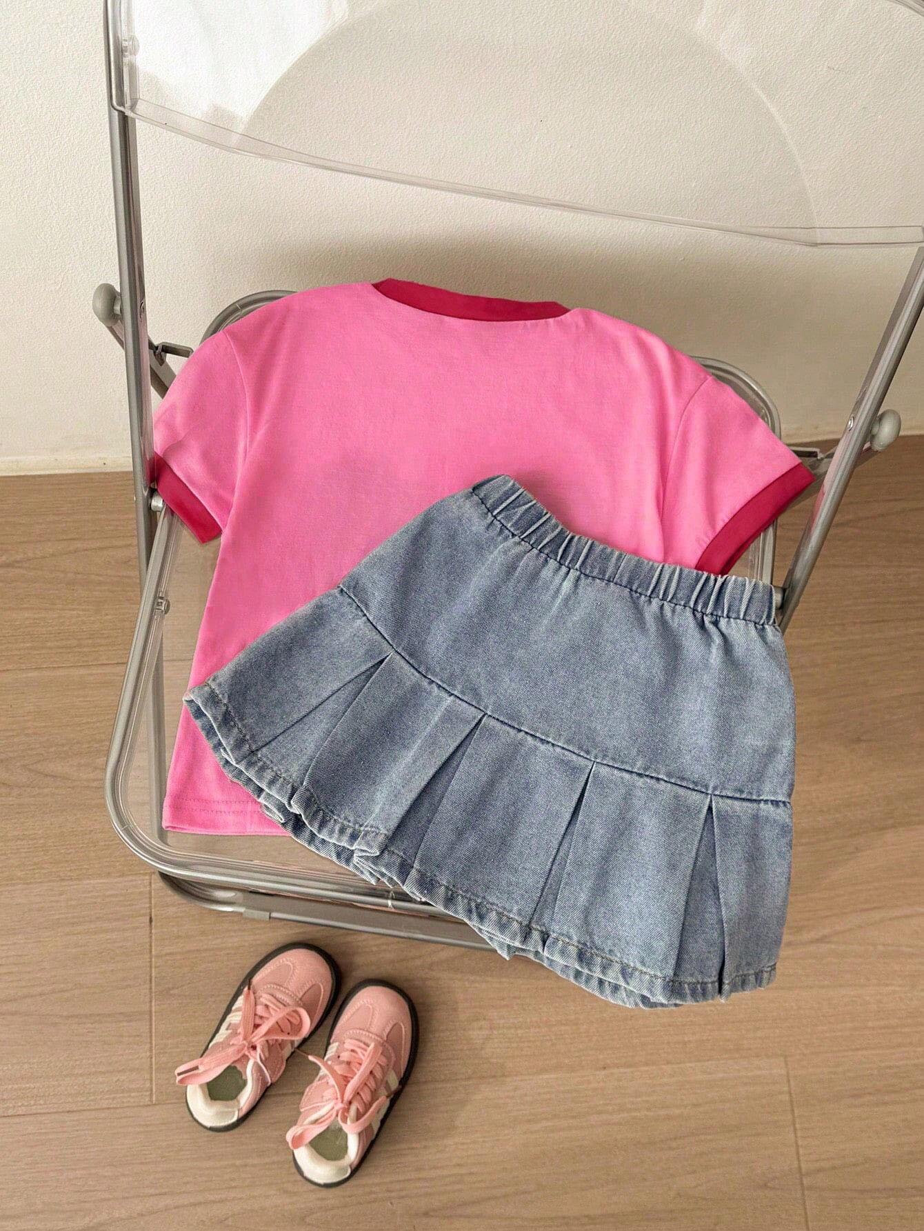 Knitted Colorblock Heart Print Short Sleeve Top And Grey-Blue Woven Denim Casual A-Line Skirt 2Pcs/Set