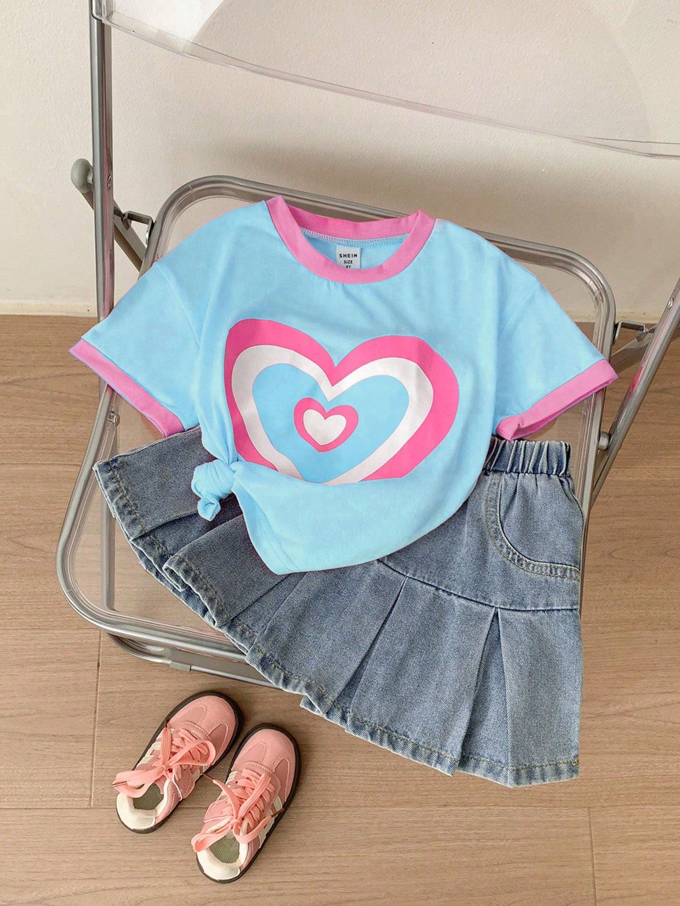 Knitted Colorblock Heart Print Short Sleeve Top And Grey-Blue Woven Denim Casual A-Line Skirt 2Pcs/Set Baby Blue