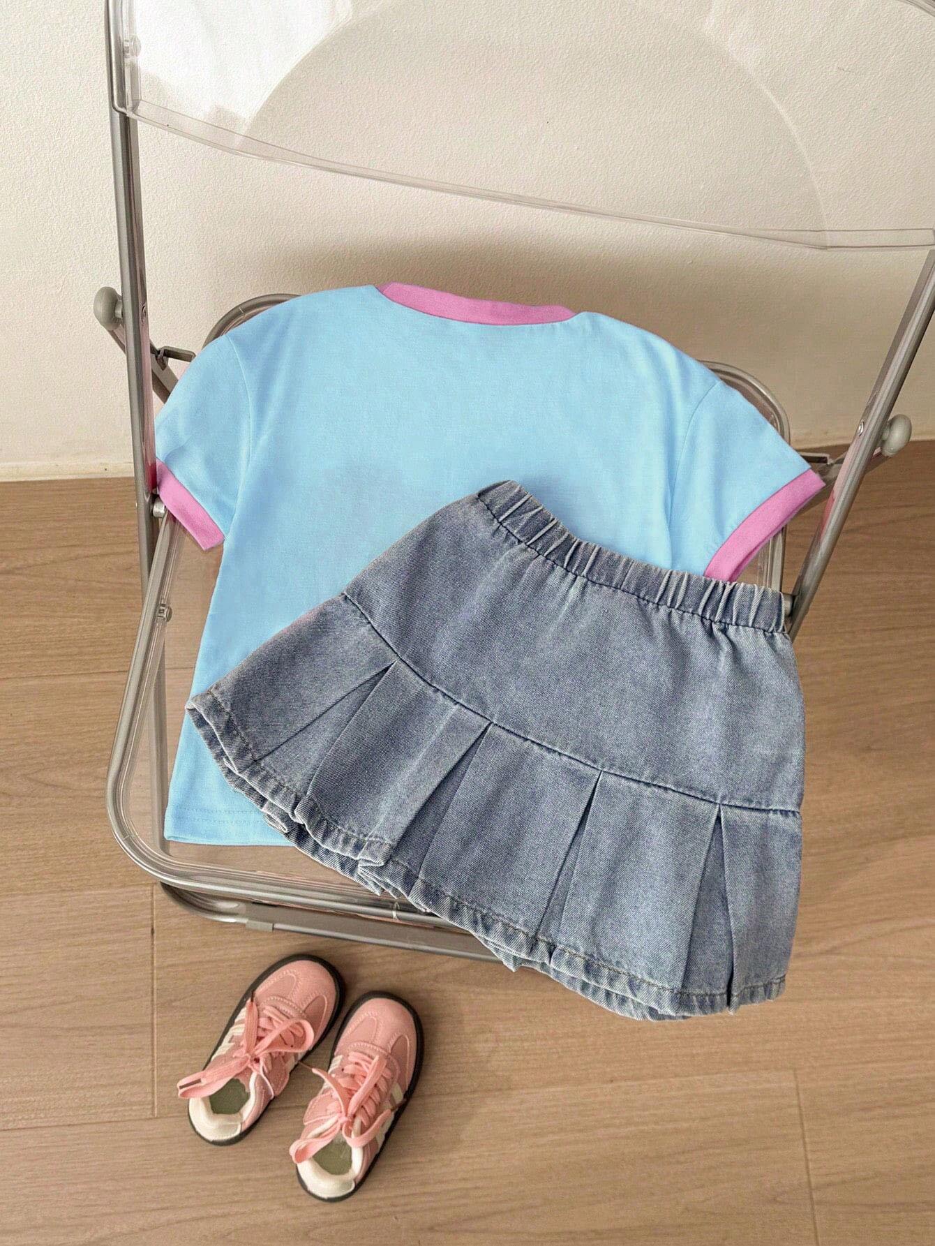 Knitted Colorblock Heart Print Short Sleeve Top And Grey-Blue Woven Denim Casual A-Line Skirt 2Pcs/Set
