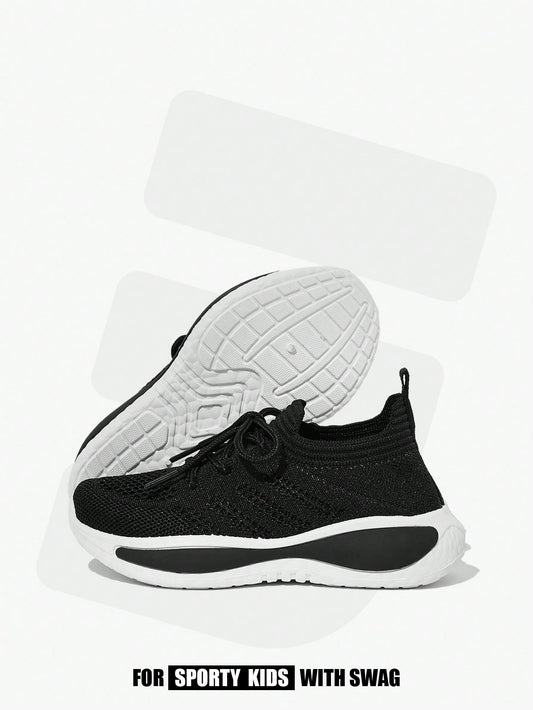 JNSQ 1 Pair All-Match Casual Versatile Breathable Lace-Up Boys Black Soft Sole Sneakers Black