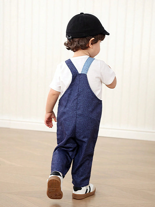 Baby Boy White T-Shirt With Contrasting Imitation Denim Print Suspender Pants