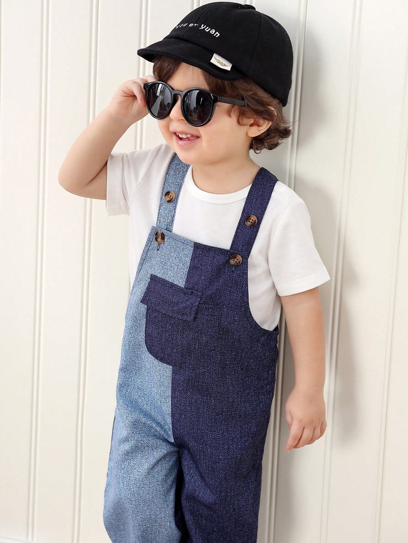 Baby Boy White T-Shirt With Contrasting Imitation Denim Print Suspender Pants