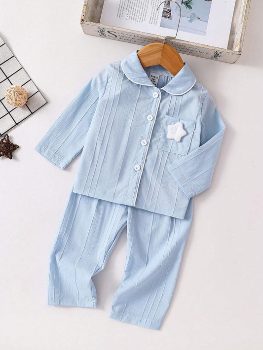2pcs Toddler Boys' Solid Blue Casual Long Sleeve Top And Long Pants Blue