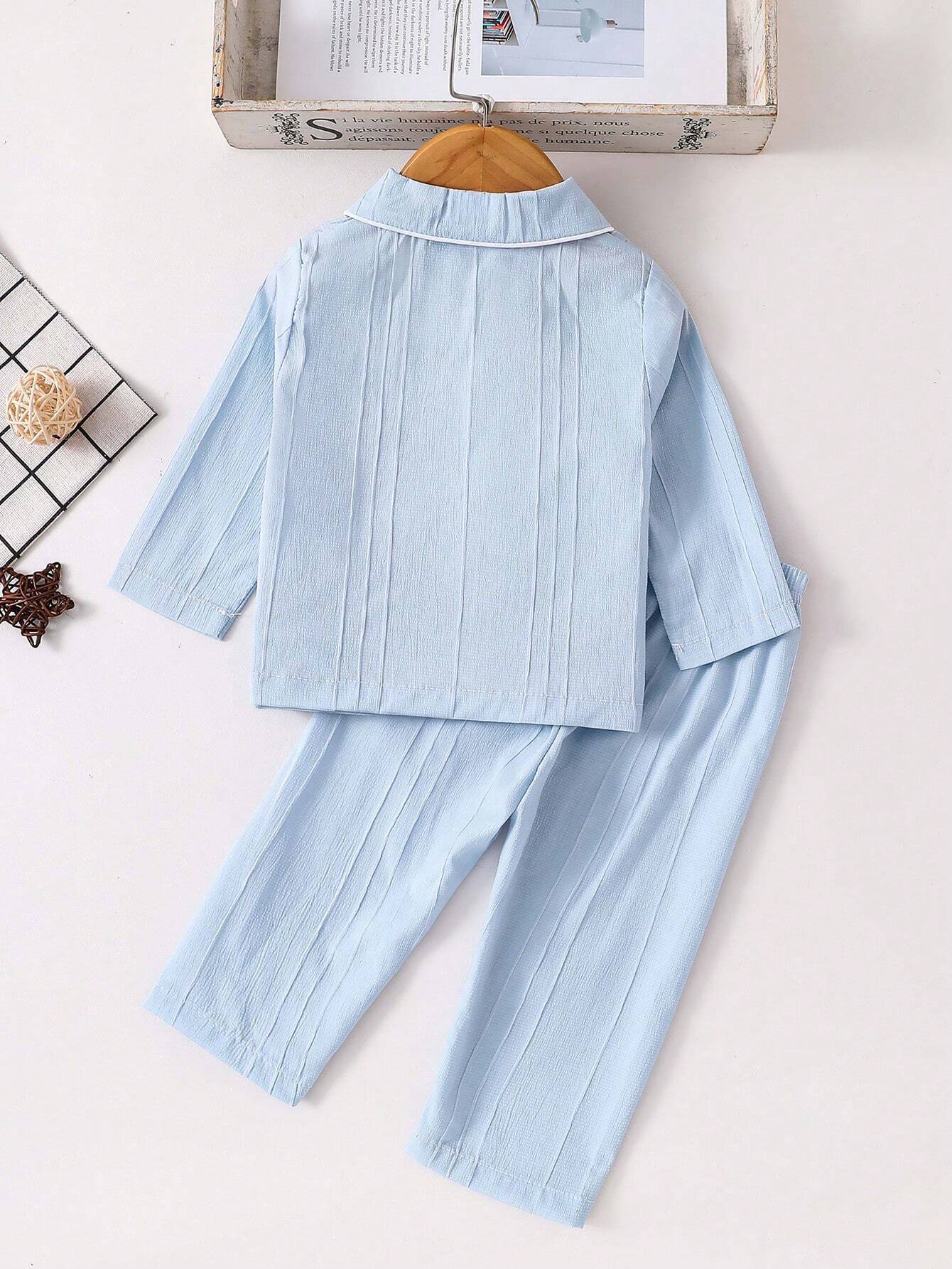2pcs Toddler Boys' Solid Blue Casual Long Sleeve Top And Long Pants