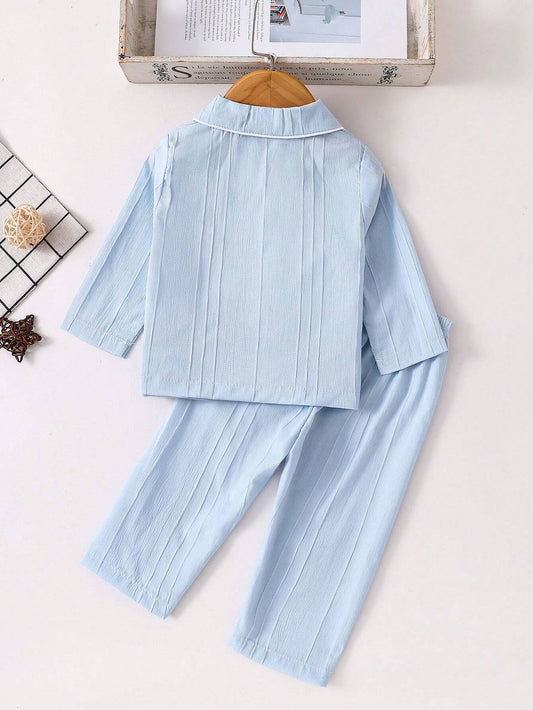 2pcs Toddler Boys' Solid Blue Casual Long Sleeve Top And Long Pants