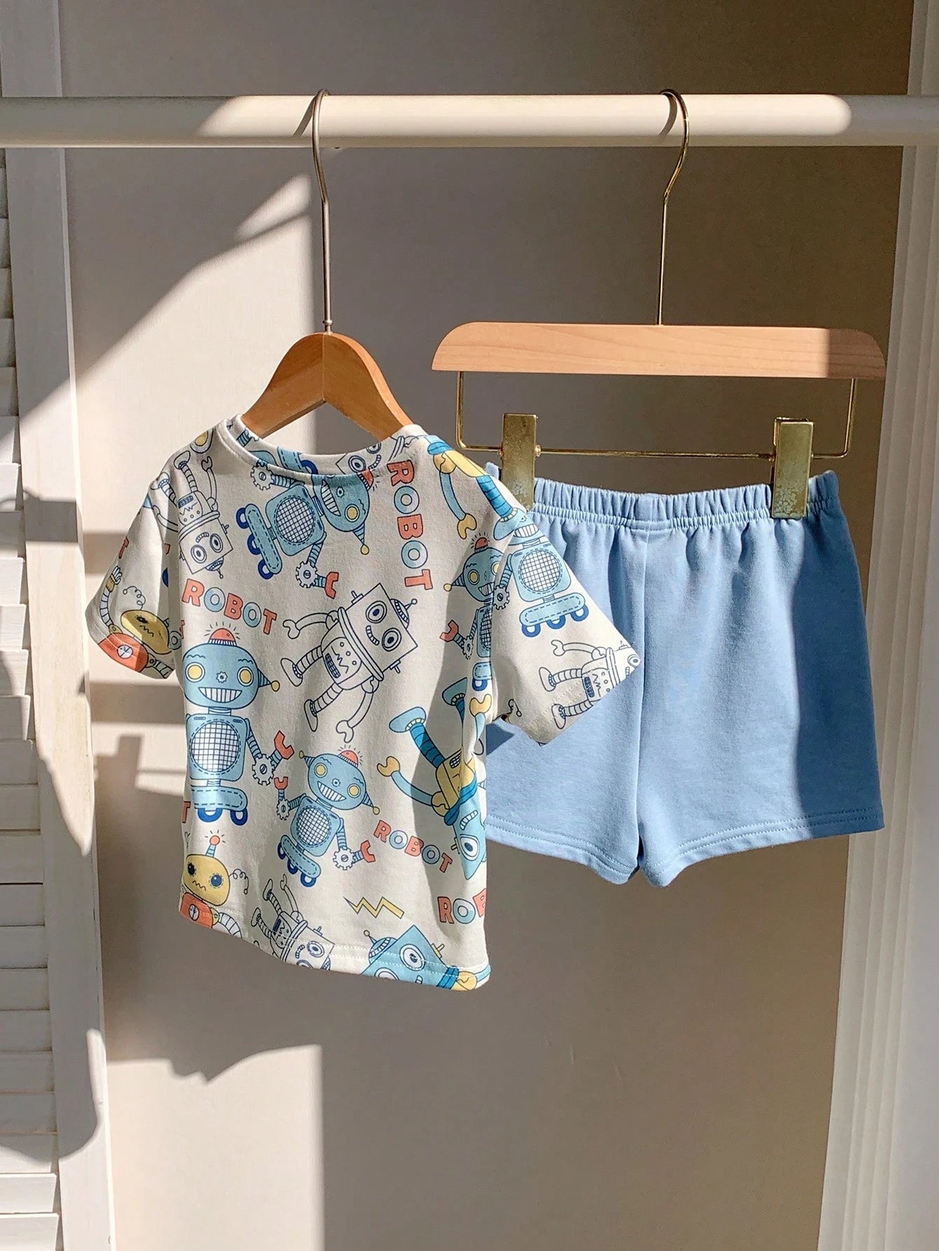 Cute Robot Pattern Polo Collar Short Sleeve T-Shirt And Shorts Set