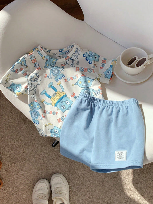 Cute Robot Pattern Polo Collar Short Sleeve T-Shirt And Shorts Set Blue