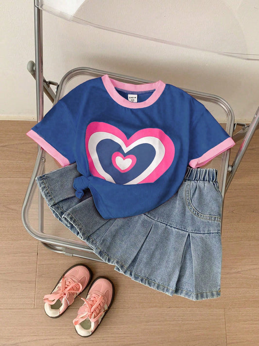 Knitted Colorblock Heart Print Short Sleeve Top And Grey-Blue Woven Denim Casual A-Line Skirt 2Pcs/Set Royal Blue