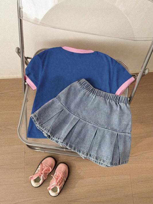 Knitted Colorblock Heart Print Short Sleeve Top And Grey-Blue Woven Denim Casual A-Line Skirt 2Pcs/Set