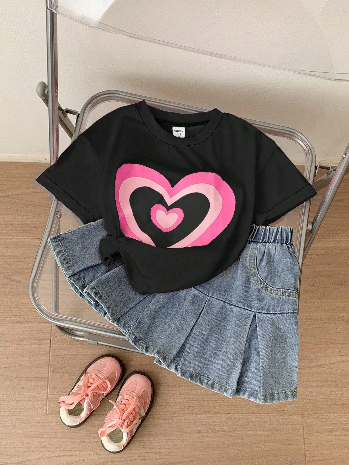 Knitted Colorblock Heart Print Short Sleeve Top And Grey-Blue Woven Denim Casual A-Line Skirt 2Pcs/Set Black