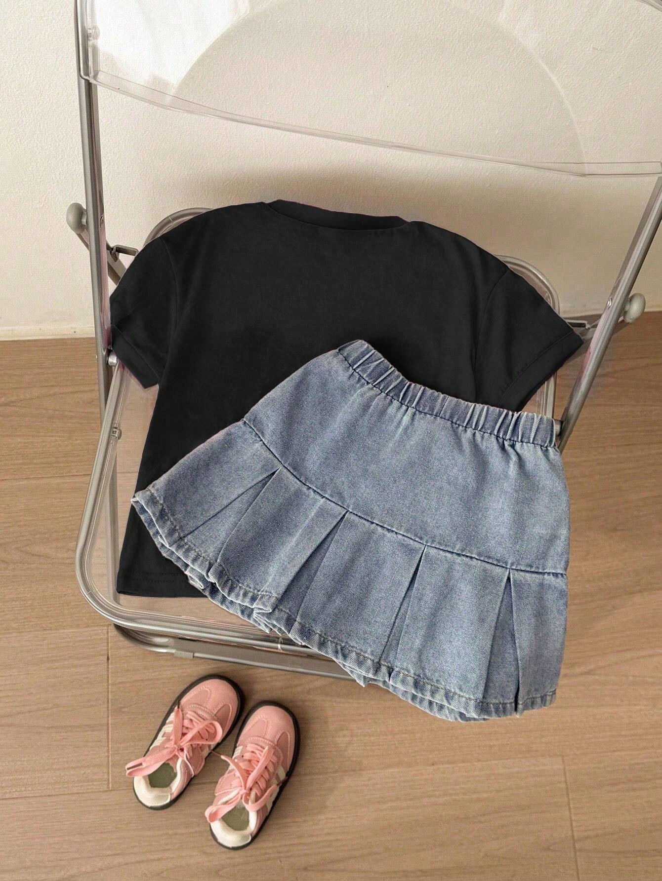 Knitted Colorblock Heart Print Short Sleeve Top And Grey-Blue Woven Denim Casual A-Line Skirt 2Pcs/Set
