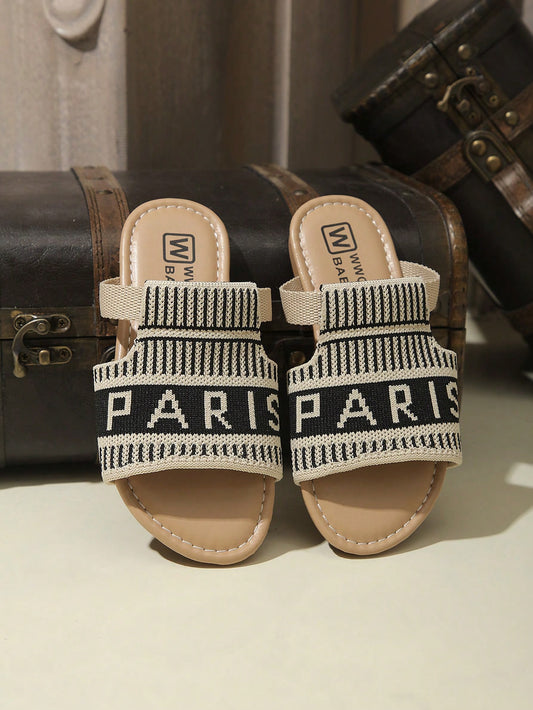 EuropeAn-American Style Round Toe Letter Embroidered Beach Slippers Grey