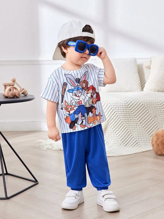 Cute Cartoon Pattern Striped Short Sleeve Top And Elastic Waist Pants Blue