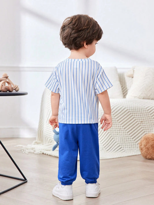 Cute Cartoon Pattern Striped Short Sleeve Top And Elastic Waist Pants
