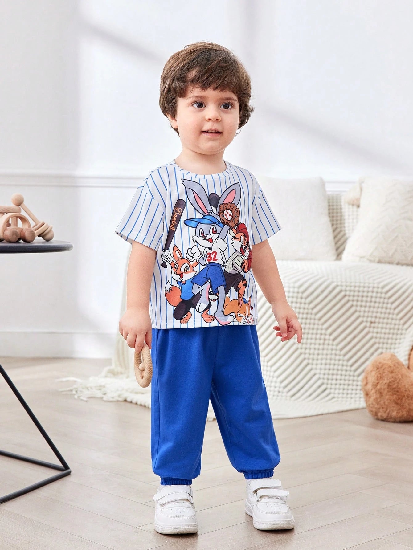 Cute Cartoon Pattern Striped Short Sleeve Top And Elastic Waist Pants