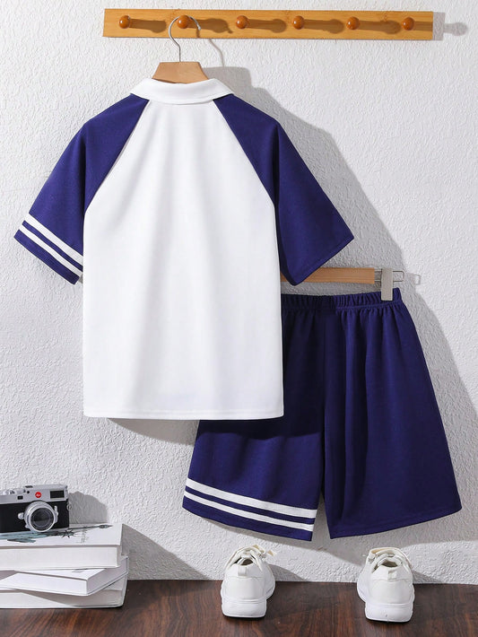 1 Set Tween Boy's Casual College Style Short Sleeve Polo Shirt & Shorts