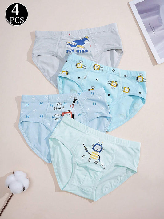 4pcs Young Boys Cartoon Style Soft & Comfortable Briefs Multicolor