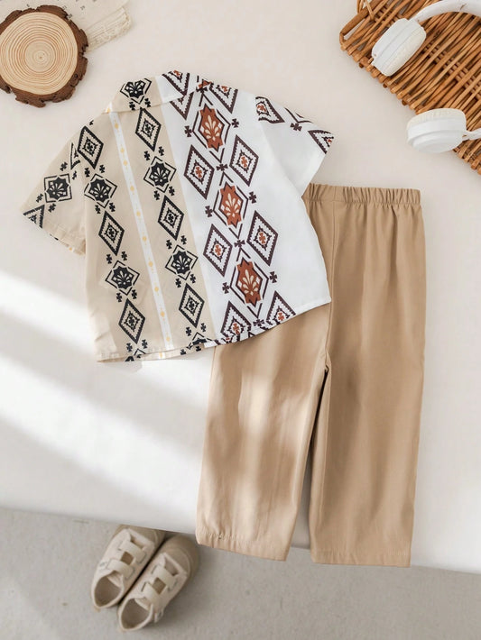 Cute Retro Geometric Pattern Casual Holiday Shirt & Elastic Waist Pants Outfit