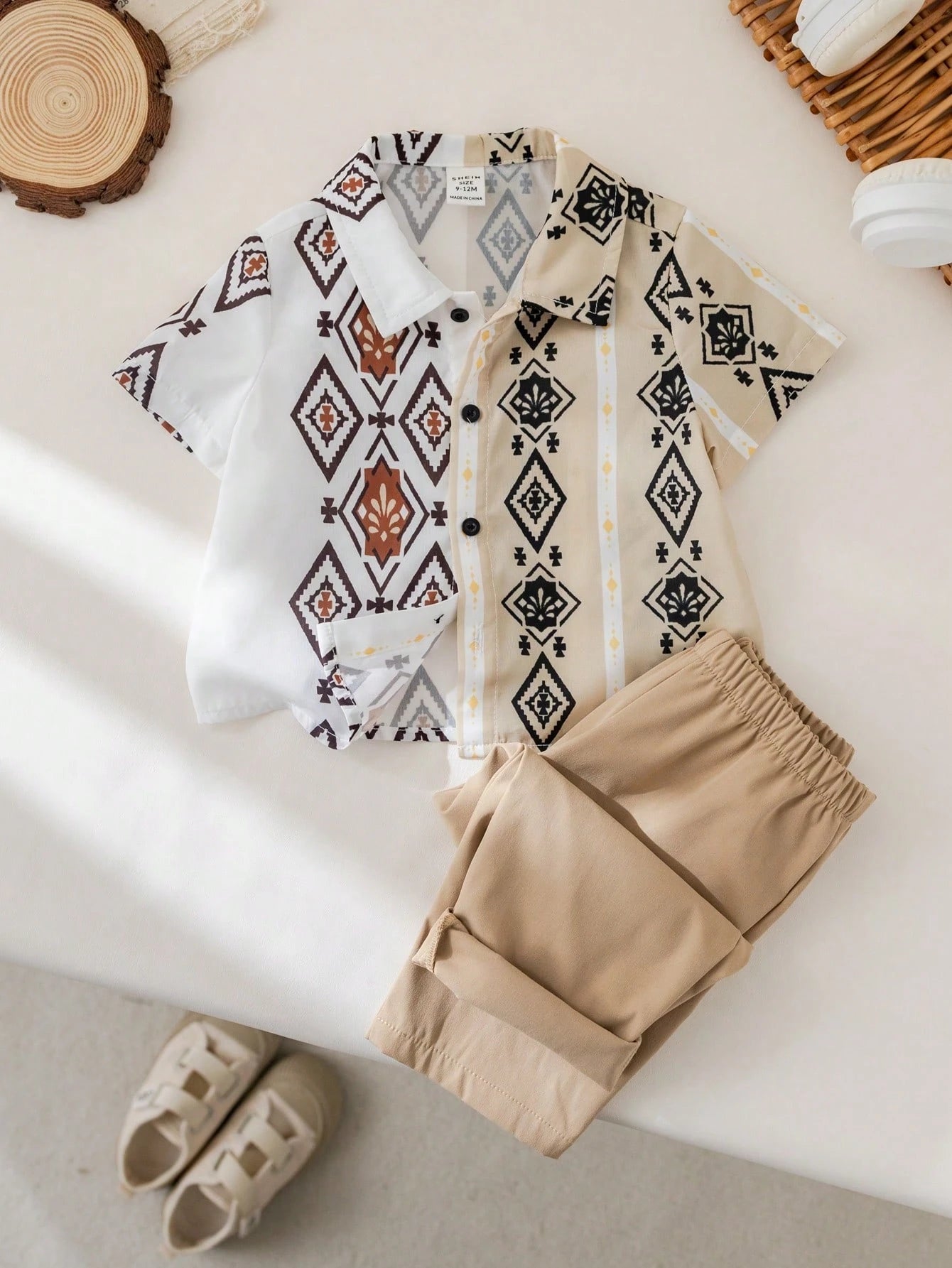 Cute Retro Geometric Pattern Casual Holiday Shirt & Elastic Waist Pants Outfit