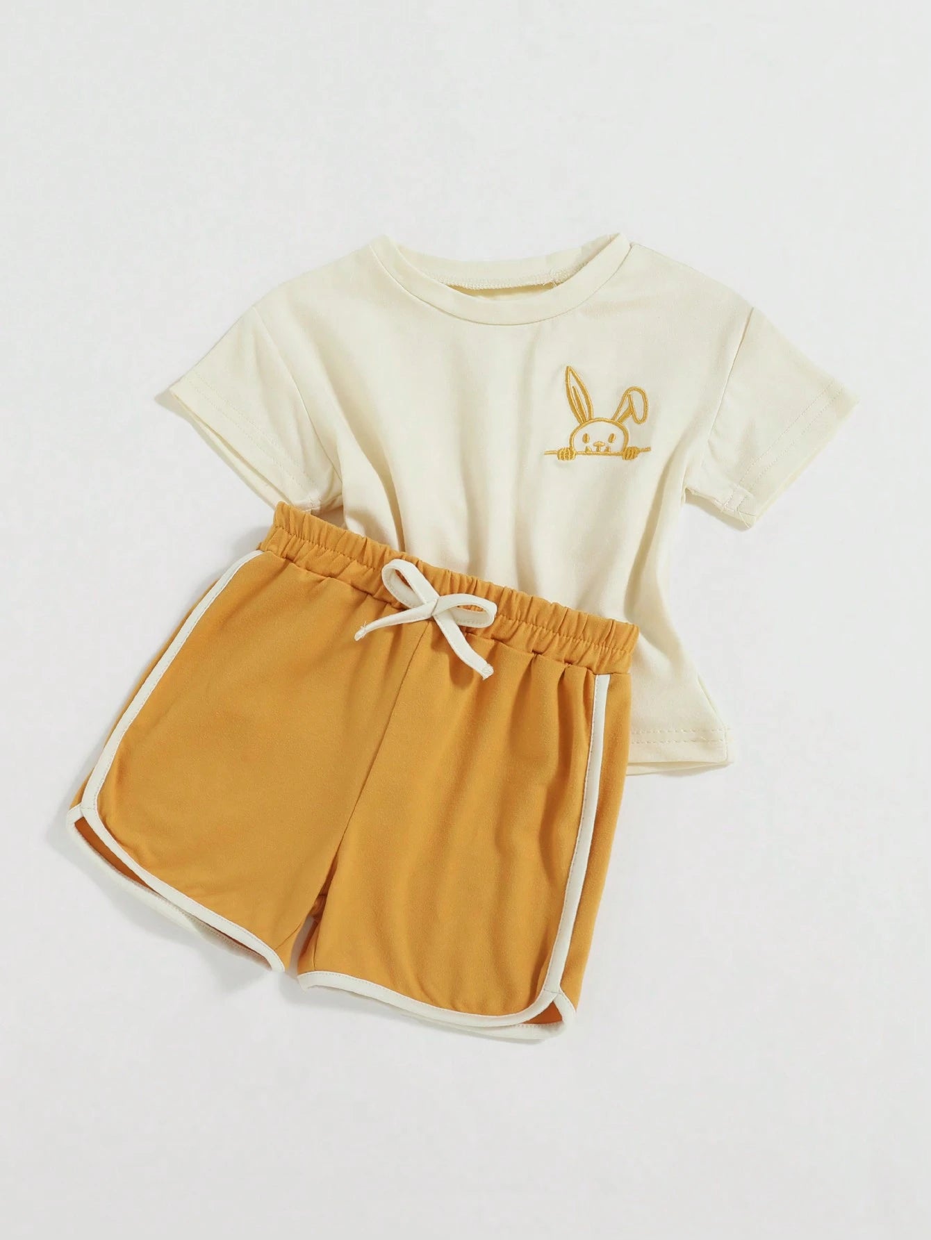 2pcs Baby Girls' Cute Bunny Embroidery Casual Short Sleeve Top And Shorts Set Multicolor 3