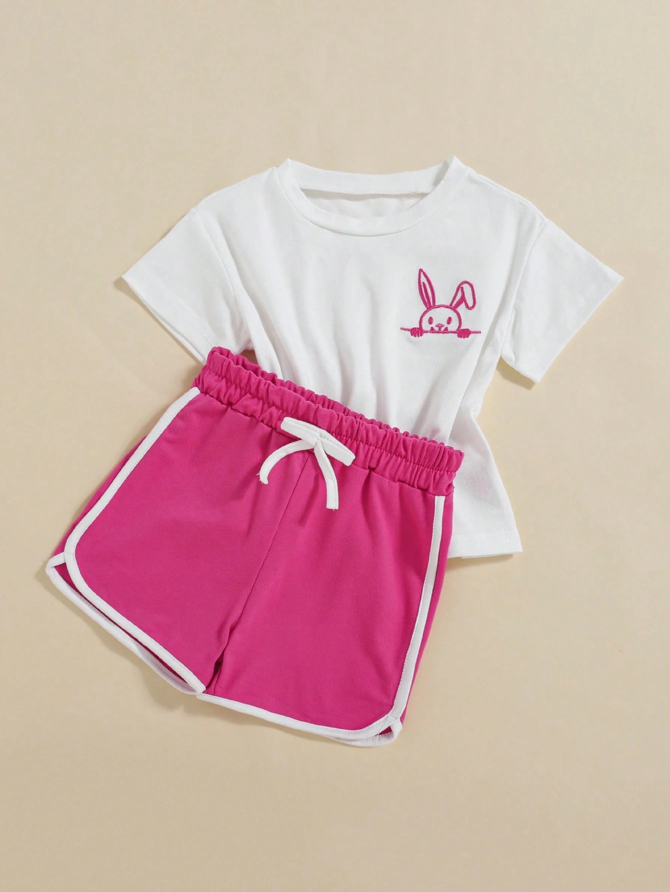 2pcs Baby Girls' Cute Bunny Embroidery Casual Short Sleeve Top And Shorts Set Multicolor 2