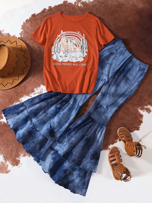 Rodeo Western Landscape Print Orange T-Shirt And Fashionable Ruffle Hem Flare Pants Multicolor