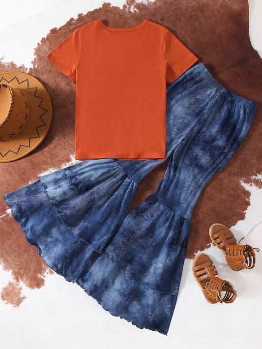 Rodeo Western Landscape Print Orange T-Shirt And Fashionable Ruffle Hem Flare Pants