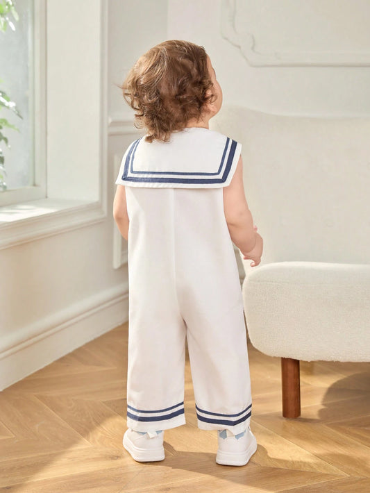 Baby Boy/Girl Casual Cute Sailor Collar White Sleeveless Romper Multicolor