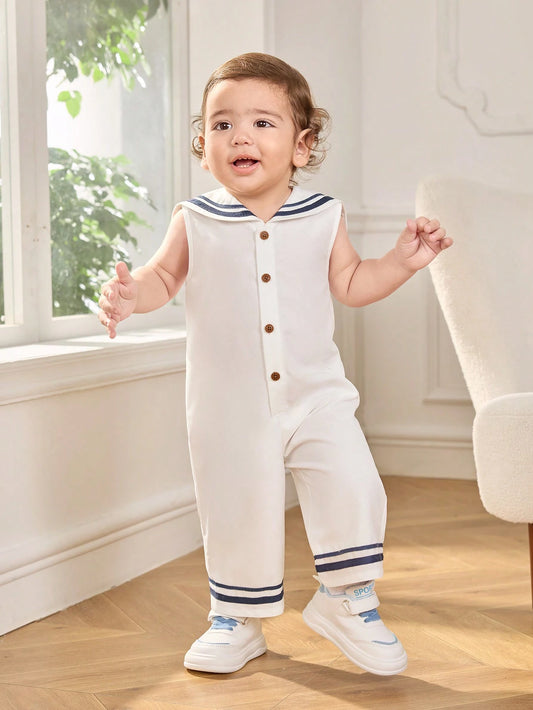 Baby Boy/Girl Casual Cute Sailor Collar White Sleeveless Romper