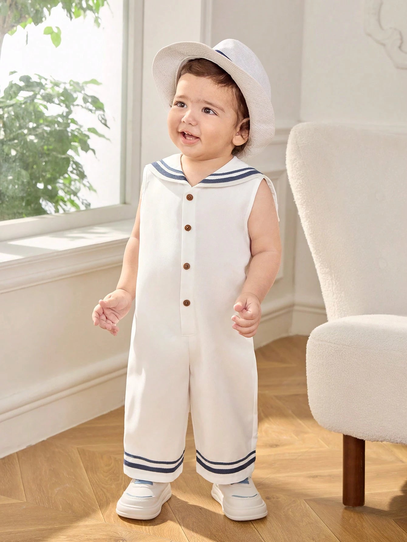 Baby Boy/Girl Casual Cute Sailor Collar White Sleeveless Romper