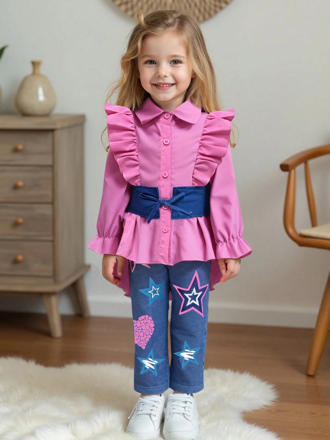 2pcs/Set Little Girls Trendy Stylish Solid Color Lapel Long Sleeve Shirt Blouse + Comfy Slim Fit Pants Pink