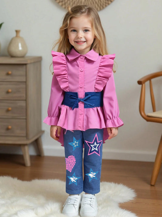 2pcs/Set Little Girls Trendy Stylish Solid Color Lapel Long Sleeve Shirt Blouse + Comfy Slim Fit Pants Pink