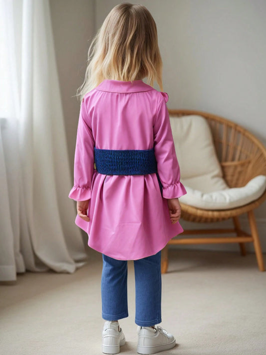 2pcs/Set Little Girls Trendy Stylish Solid Color Lapel Long Sleeve Shirt Blouse + Comfy Slim Fit Pants