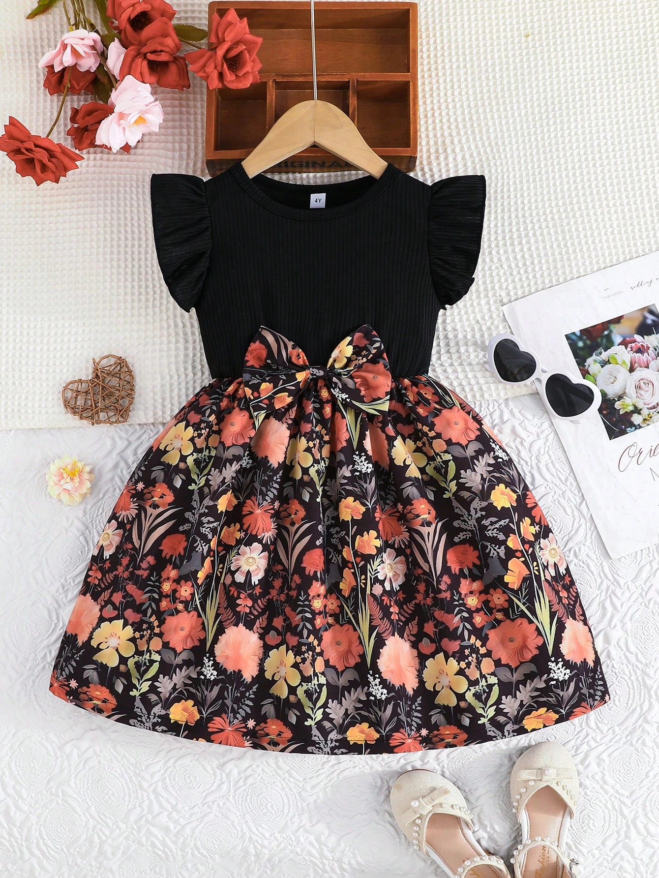 Young Girl Sweet Ruffled Sleeve Round Neck Bow Tied Floral Jungle Print Casual Dress Multicolor