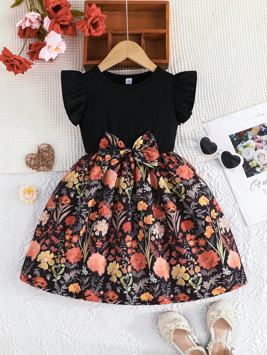 Young Girl Sweet Ruffled Sleeve Round Neck Bow Tied Floral Jungle Print Casual Dress Multicolor