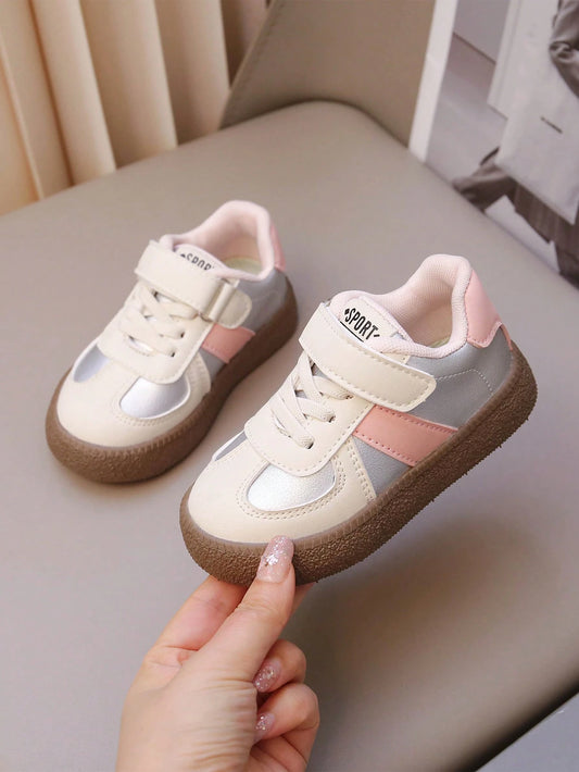 1 Pair Baby Leather Hook And Loop Patchwork Design Soft Bottom Unisex Shoes Pink