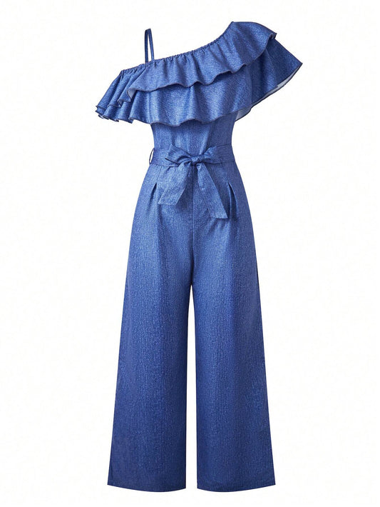 Lunivi 1pc Teens/Girls' Elegant Sleeveless Layered Ruffle Trim Jumpsuit Blue