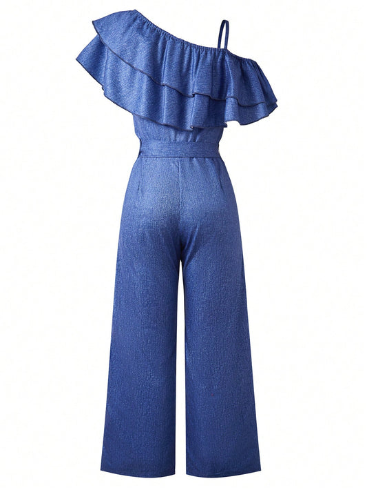 Lunivi 1pc Teens/Girls' Elegant Sleeveless Layered Ruffle Trim Jumpsuit