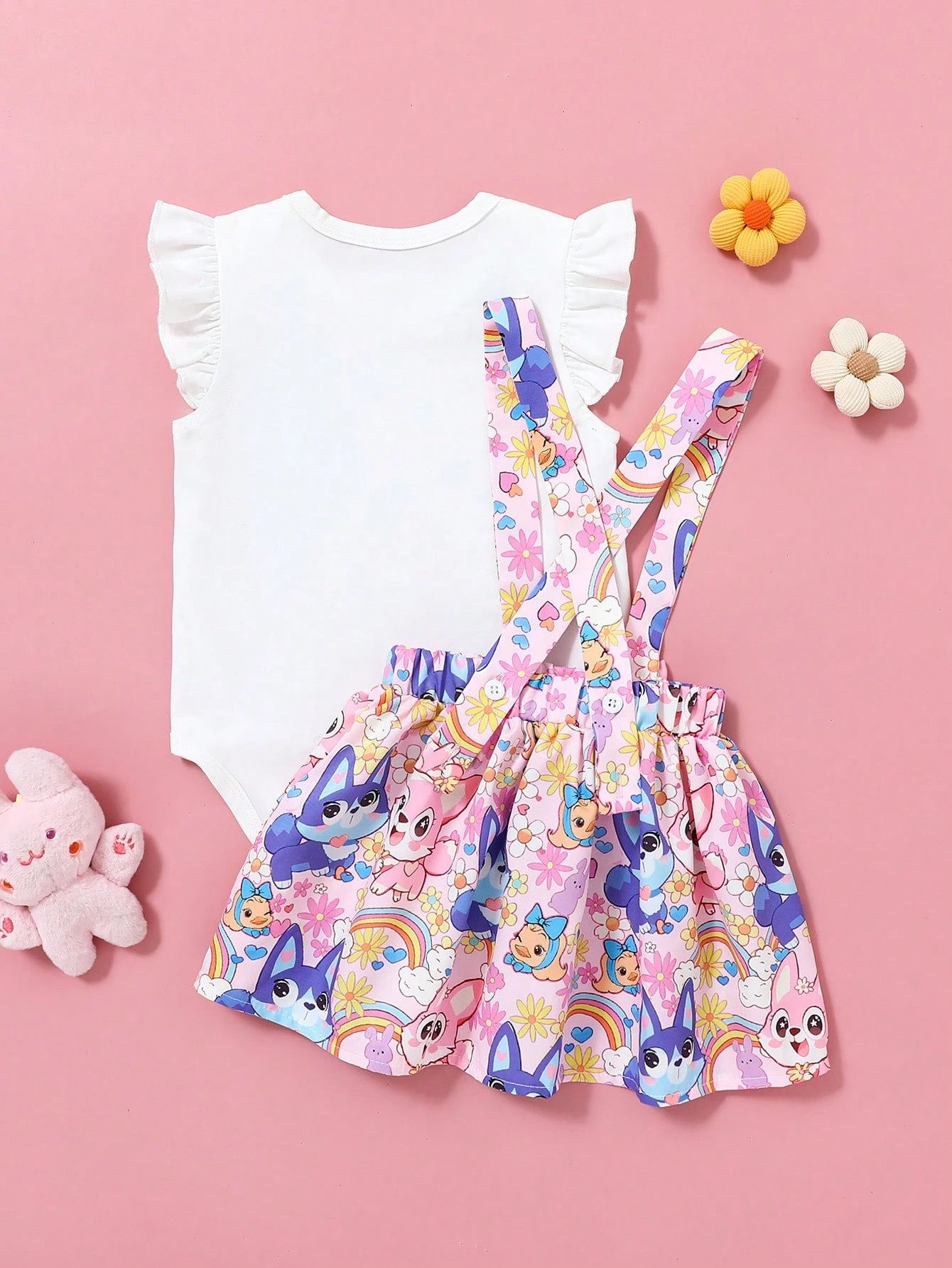 2pcs Baby Girls Casual Everyday Matching Cute Cartoon Puppy & Fox Print Jumpsuit And Skirt