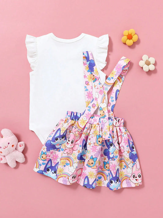 2pcs Baby Girls Casual Everyday Matching Cute Cartoon Puppy & Fox Print Jumpsuit And Skirt